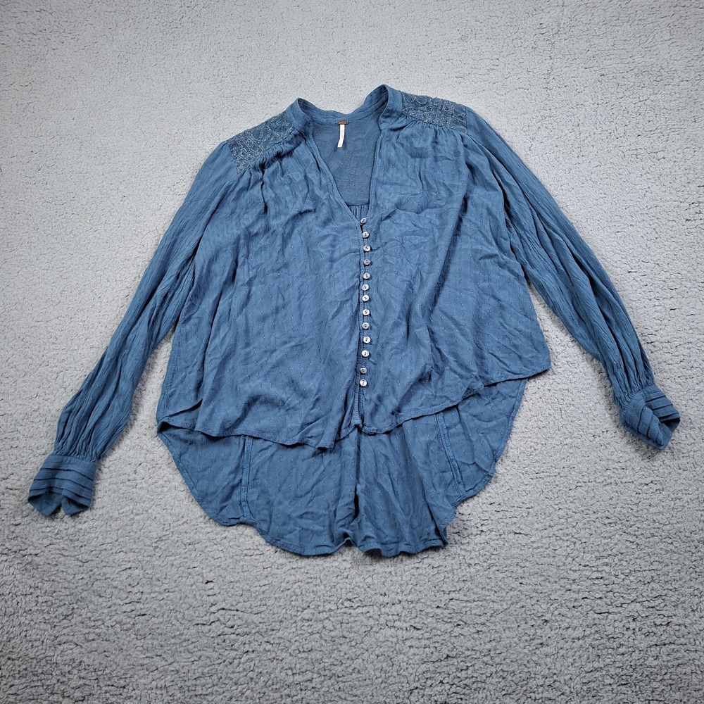 Free People Canyon Rose Peasant Top Blue Embroidered Button Front Blouse XS